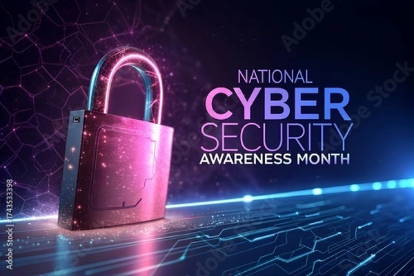 Fototapeta Glowing pink padlock representing cybersecurity awareness month isolated on white background