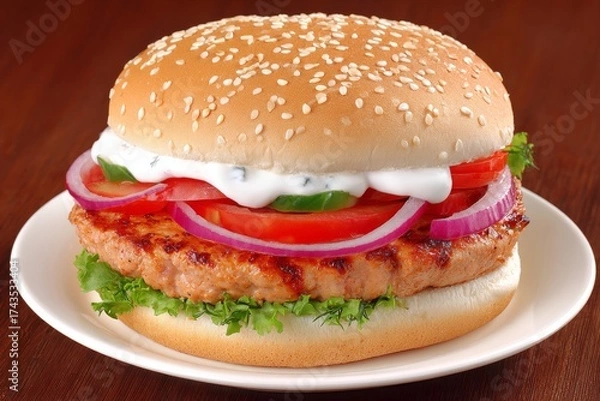 Fototapeta Image of a neatly grilled chicken burger placed on a simple background with muted colors and emphasis on culinary presentation