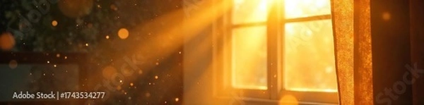 Fototapeta Golden Sunlight Streaming Through Window, Dust Motes Dancing, Joyful and Lighthearted Scene