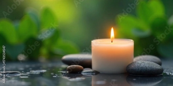 Fototapeta Serene Spa Atmosphere Luxurious Candle Burns Softly Amidst Polished Stones and Lush Greenery, Perfect for Relaxation and Self-Care