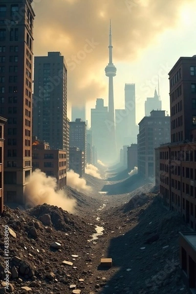 Fototapeta Devastated Toronto Skyline Crumbling Buildings Amidst Dust and Debris, a Powerful Image of Urban Destruction