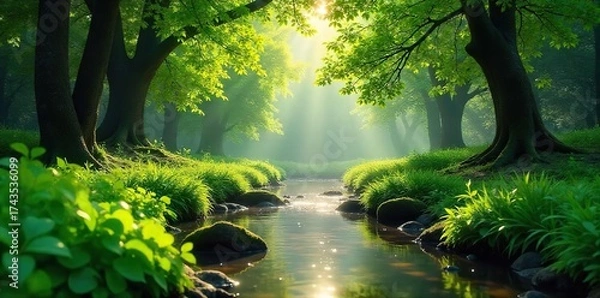 Fototapeta Serene Nature Scene Sunlight Dappling Through Lush Green Foliage, Tranquil Stream, Perfect for Meditation and Relaxation