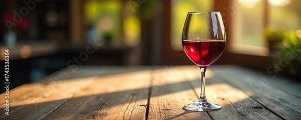 Fototapeta Sunlit Pinot Noir A Glass of Ruby Red Wine on Rustic Wood, Perfect for Wine Blogs and Restaurant Menus