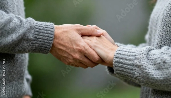 Fototapeta Close up of couple holding hands in cozy sweaters symbolizing love, support, trust, and emotional connection.