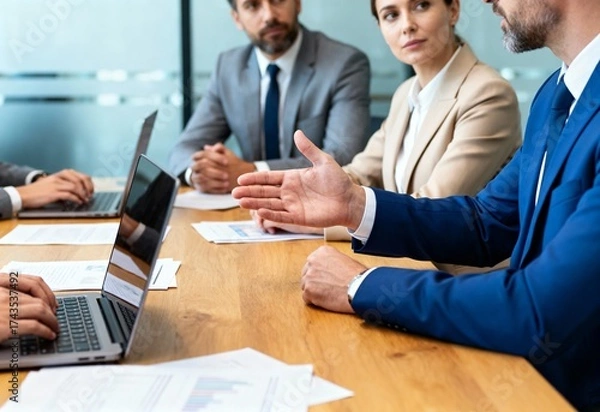Fototapeta Business professionals in formal meeting discussing financial reports and strategy around conference table.