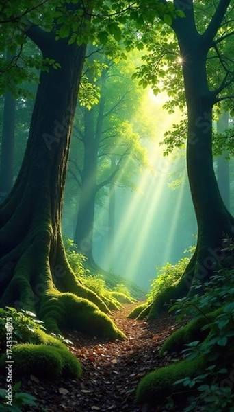 Fototapeta Dappled Sunlight Filters Through Ancient Forest, Creating a Magical Atmosphere Perfect for Fantasy or Nature Projects
