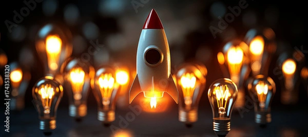 Fototapeta 3d rocket flying among light bulbs, a new idea of a business concept of creativity and innovation 