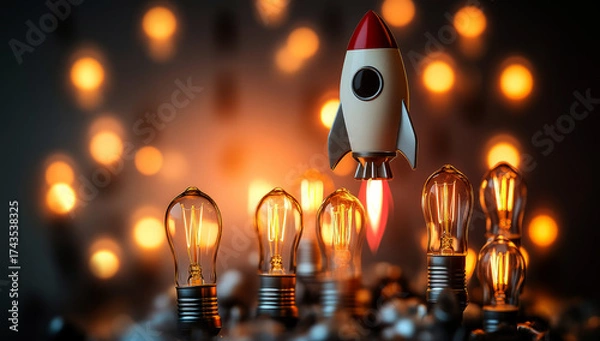 Fototapeta 3d rocket flying among light bulbs, a new idea of a business concept of creativity and innovation 