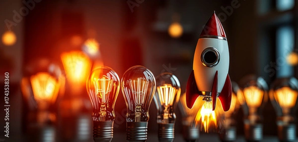 Fototapeta 3d rocket flying among light bulbs, a new idea of a business concept of creativity and innovation 