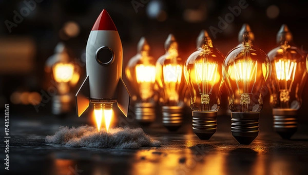 Fototapeta 3d rocket flying among light bulbs, a new idea of a business concept of creativity and innovation 