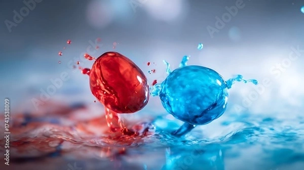 Fototapeta colliding. Red and blue ink droplets colliding and mixing in clear water. STEM education sheets, lab safety posters, designed for biotech research communications.