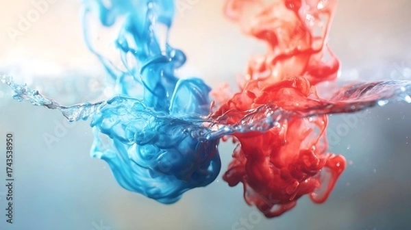 Fototapeta colliding. Red and blue ink droplets colliding and mixing in clear water. STEM education sheets, lab safety posters, designed for biotech research communications.
