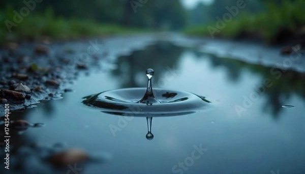Fototapeta Lonely Raindrop Splash Solitude and Contemplation in a Still Puddle Reflecting an Overcast Sky, evoking feelings of peace and melancholic beauty.