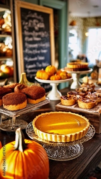 Fototapeta Bakery counter presenting a delicious array of fall baked goods, including a whole pumpkin pie, small tarts, and other pastries, surrounded by small gourds and a blackboard