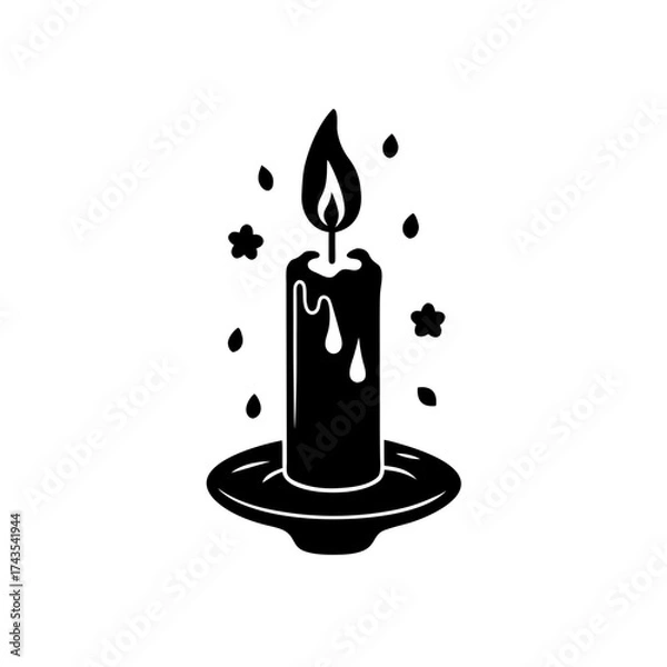Fototapeta Black candle with flame and drips on stand on transparent background silhouette