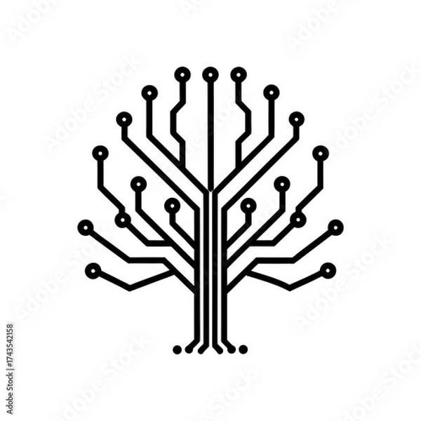Fototapeta Circuit tree with branches and connectors on transparent background silhouette