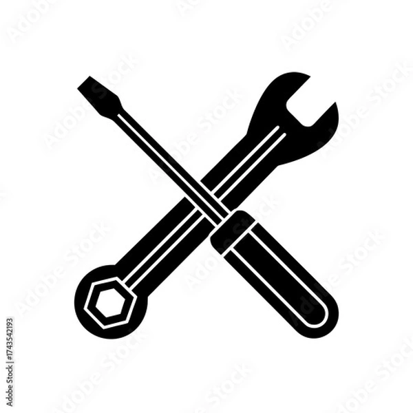 Fototapeta Screwdriver and wrench crossed in black on transparent background silhouette