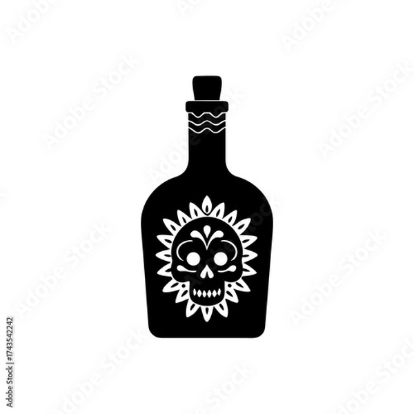 Fototapeta Black bottle with skull and floral design on transparent background silhouette