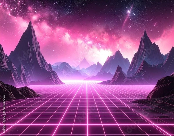 Obraz Retrofuturistic mountain landscape with grid