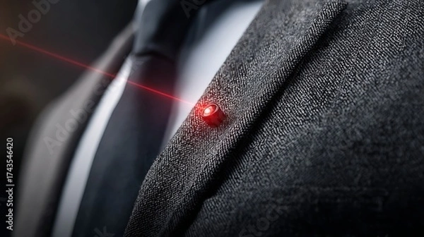 Fototapeta lapel. Extreme close-up of a single red laser dot focused on the texture of a grey wool suit lapel. product launch decks, UI/UX mockups, designed for product launches and innovation pitches.