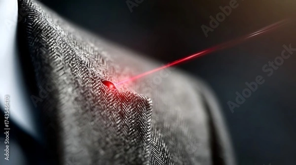 Fototapeta lapel. Extreme close-up of a single red laser dot focused on the texture of a grey wool suit lapel. product launch decks, UI/UX mockups, designed for product launches and innovation pitches.
