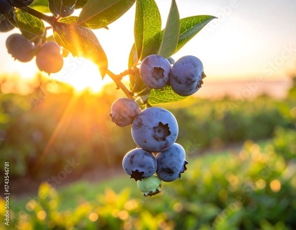 Obraz Ripe blueberries on a branch at sunrise