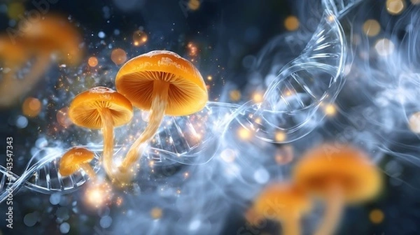 Fototapeta longevity. Bioluminescent mushrooms surrounded by swirling light, representing scientific breakthroughs. STEM education sheets, lab safety posters, designed for biotech research communications.