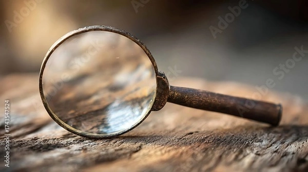 Fototapeta magnifying. A weathered magnifying glass on wood, its lens reflecting distorted shapes with soft focus. STEM education sheets.