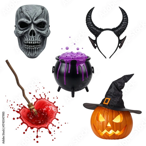 Fototapeta Halloween icons skull cauldron pumpkin horns and bloody apple for spooky festive decor isolated on transparent background