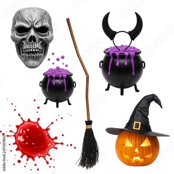 Fototapeta Spooky halloween scene featuring a skull pumpkin witch hat and bubbling cauldrons isolated on transparent background