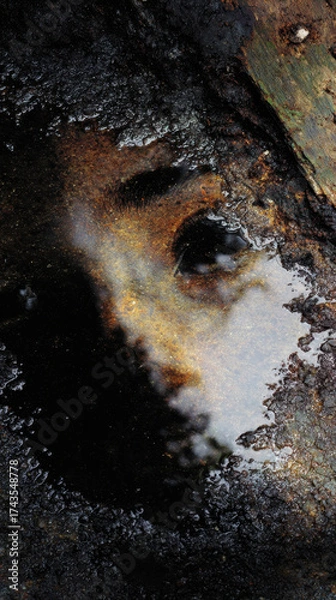 Fototapeta Moody reflection, oil puddle, face, eye, water, texture, abstract mystery emotion