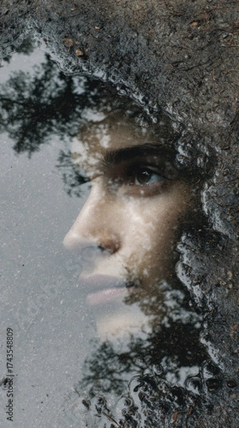 Fototapeta Reflective portrait oil puddle face tree reflection moody