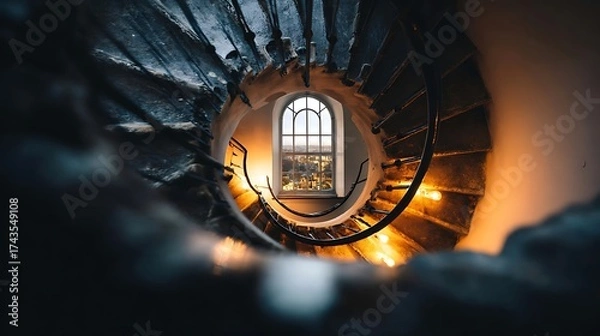 Fototapeta perpetual. A spiral staircase mid-landing viewed from above, archway window showing perpetual dusk outside. real-estate listings.
