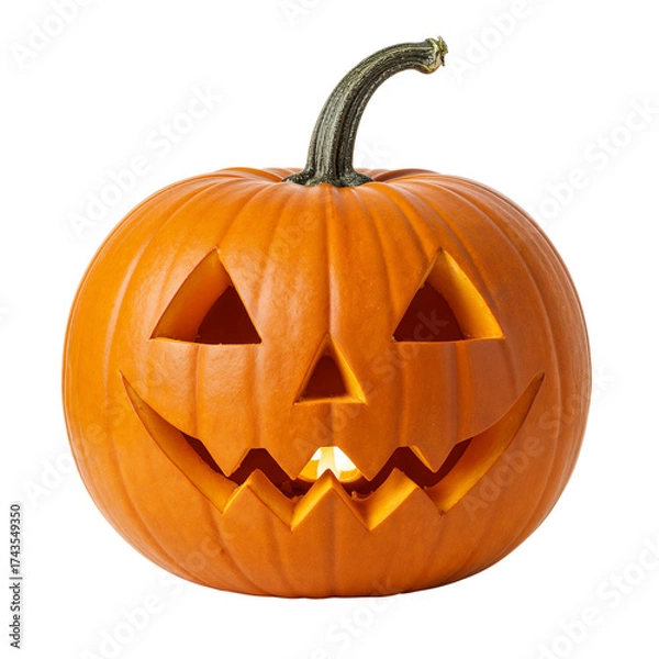 Fototapeta Carved halloween jack-o-lantern pumpkin glowing with festive spooky light for autumn celebrations isolated on transparent background