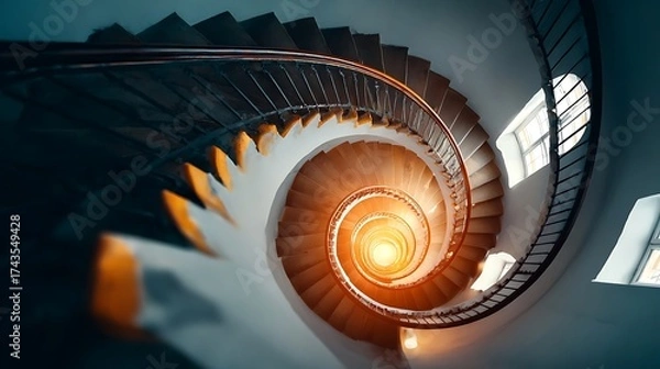 Fototapeta perpetual. A spiral staircase mid-landing viewed from above, archway window showing perpetual dusk outside. real-estate listings.