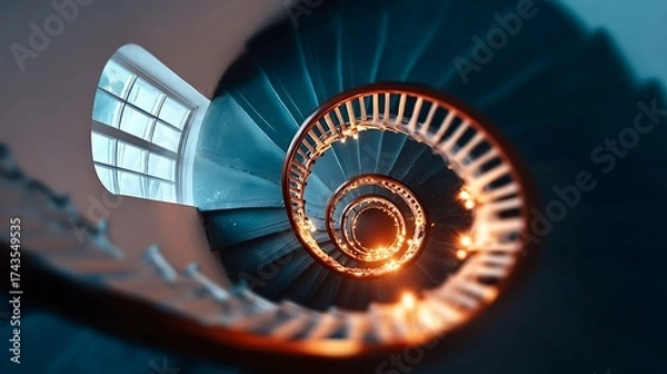 Fototapeta perpetual. A spiral staircase mid-landing viewed from above, archway window showing perpetual dusk outside. real-estate listings.