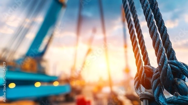 Fototapeta rigging. Industrial crane cables and rigging at a port during a warm sunset. inspiring travel planning, safety posters, designed for precision metalworking and fabrication facilities.