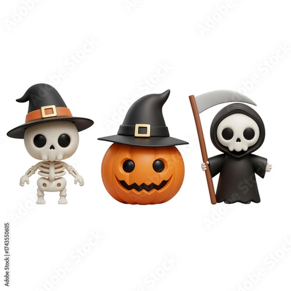 Fototapeta Cute halloween characters skeleton pumpkin grim reaper festive holiday figures for decoration isolated on transparent background