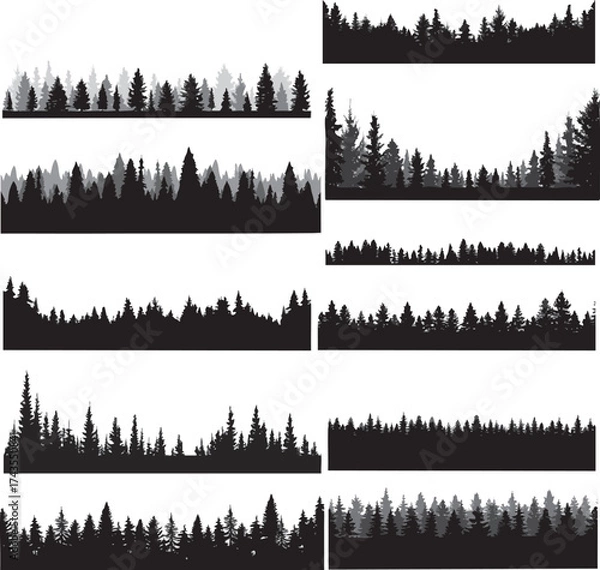 Fototapeta Set of Black Forest and Tree Silhouettes for Nature Backgrounds