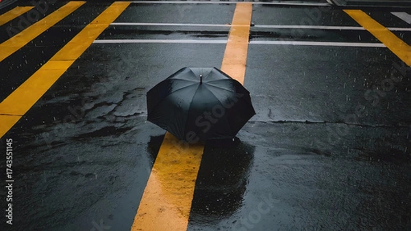 Obraz Black umbrella on wet pedestrian crossing, rain, top view.
