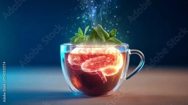 Fototapeta teacup. Steaming teacup with mint leaves forming brain-shaped glowing nebula above it. wellbeing guides, coaching materials, designed for mental health education and mindfulness programs.