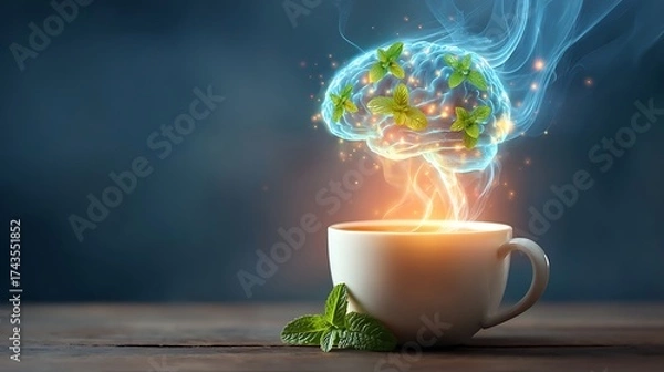 Fototapeta teacup. Steaming teacup with mint leaves forming brain-shaped glowing nebula above it. wellbeing guides, coaching materials, designed for mental health education and mindfulness programs.