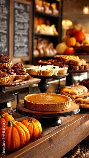 Fototapeta Autumn bakery counter offering a variety of fresh baked goods including pumpkin pies, fruit tarts, and pastries, creating a warm and inviting atmosphere