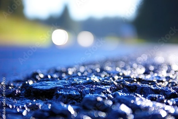 Fototapeta Asphalt texture; blurred lights, road, & trees in background