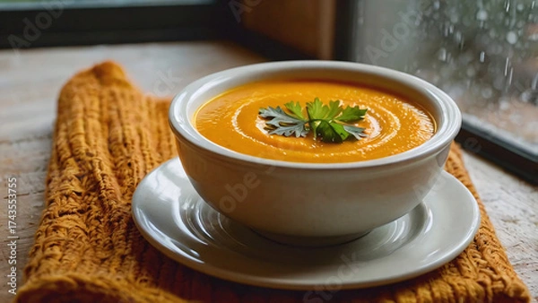Obraz A bowl of healthy hot pumpkin carrot soup at home, cozy rainy window, autumn leaves, fall, winter
