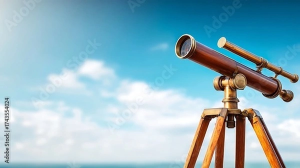 Fototapeta tripod. An antique brass telescope pointed towards a clear blue sky. mobility guides, transit brochures, designed for transport & logistics marketing, used by account managers.