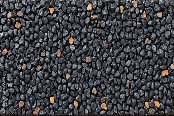 Fototapeta Black pebble texture w/ scattered tan stones. Overhead view