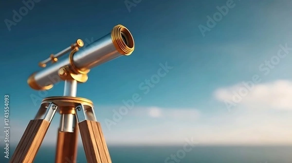 Fototapeta tripod. An antique brass telescope pointed towards a clear blue sky. mobility guides, transit brochures, designed for transport & logistics marketing, used by account managers.