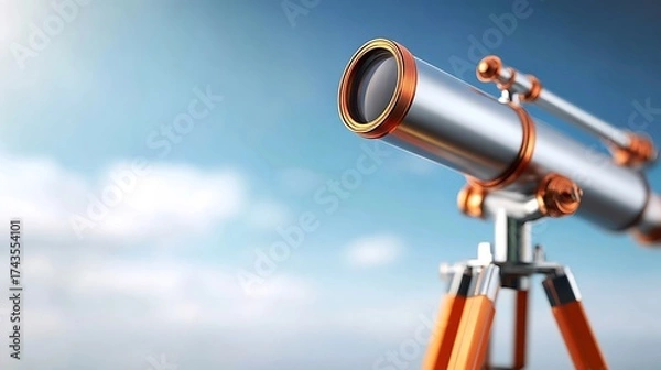 Fototapeta tripod. An antique brass telescope pointed towards a clear blue sky. mobility guides, transit brochures, designed for transport & logistics marketing, used by account managers.