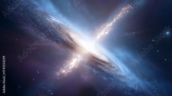 Fototapeta wormhole. Ethereal interstellar comet with dual stardust tails traversing a wormhole-like portal. STEM education sheets, lab safety posters, designed for biotech research communications.